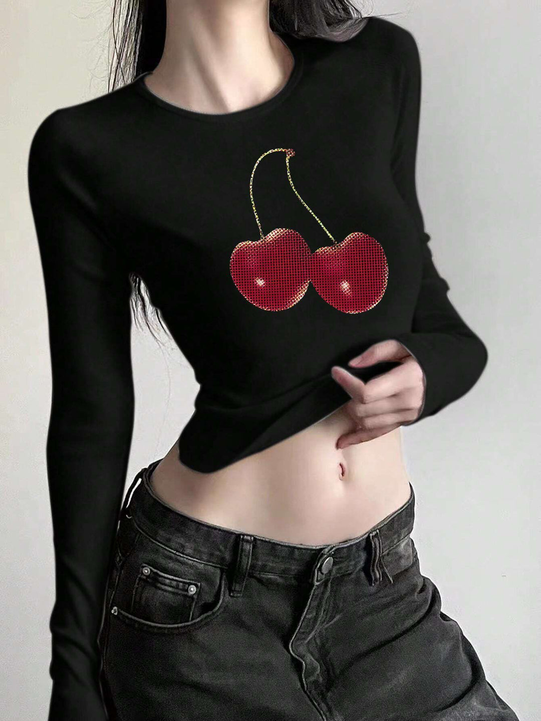 Damen figurbetontes Langarmshirt mit niedlichem Gänse-Print, Rundhalsausschnitt und leichtem Stretch – Avérine