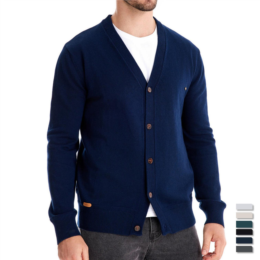 Herren Strickjacke mit V-Ausschnitt und modischen Holzknöpfen Echoarchiv