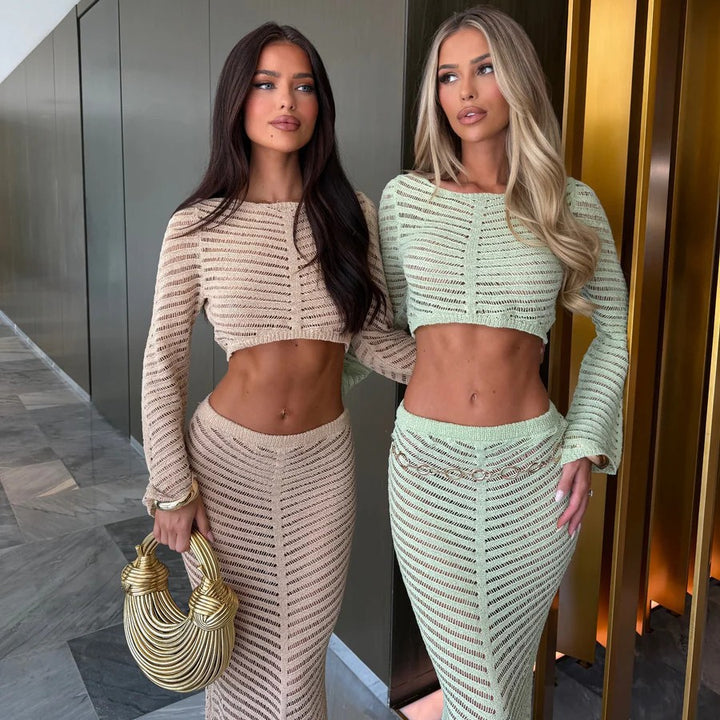Damen elegantes gehäkeltes Set mit langärmligem Crop-Top und figurbetonendem Rock Echo Archiv