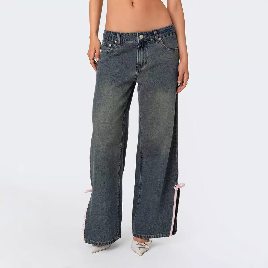 Damen Hohe Taillen Denim-Hose mit modischen Schleifendetails Echo Archiv
