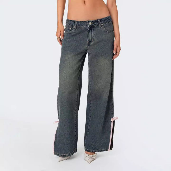 Damen Hohe Taillen Denim-Hose mit modischen Schleifendetails Echo Archiv