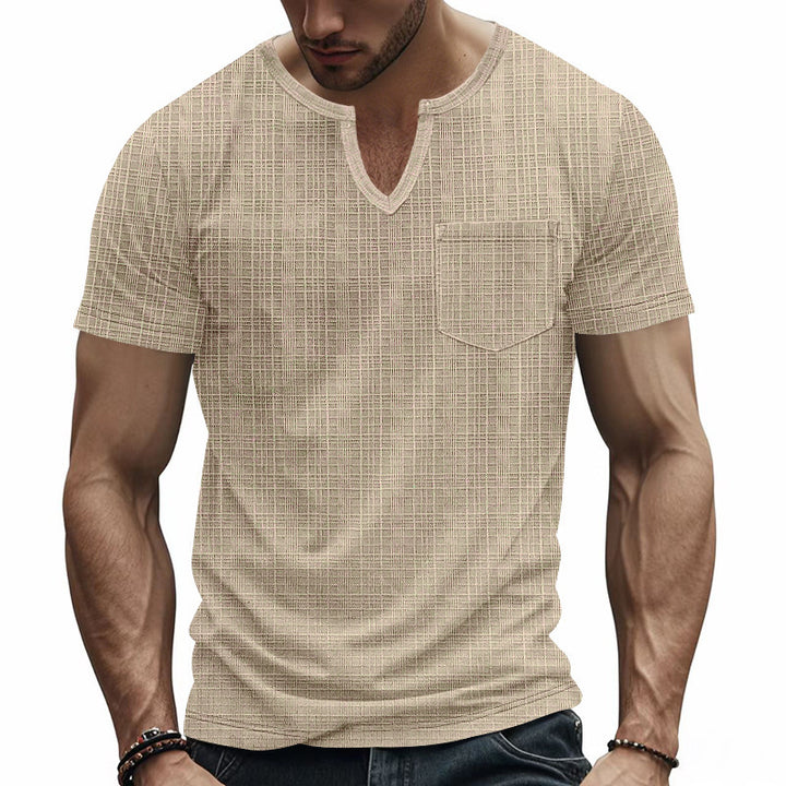 Herren Kurzarm-Henley-Shirt mit modischem V-Ausschnitt und praktischer Brusttasche Echoarchiv