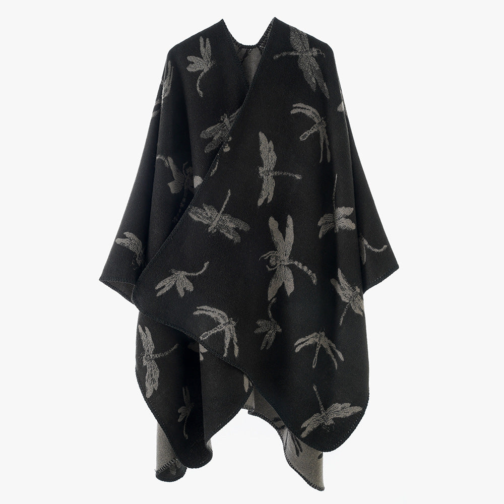 Damen Reversibler Cape-Poncho mit Libellen-Jacquard und feinem Saum – Célinea
