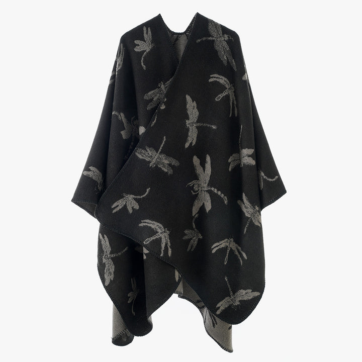 Damen Reversibler Cape-Poncho mit Libellen-Jacquard und feinem Saum – Célinea