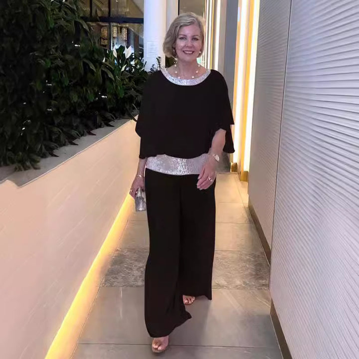 Damen Elegantes Abendzweiteiler mit Chiffon-Cape und Palazzo‑Hose Echoarchiv