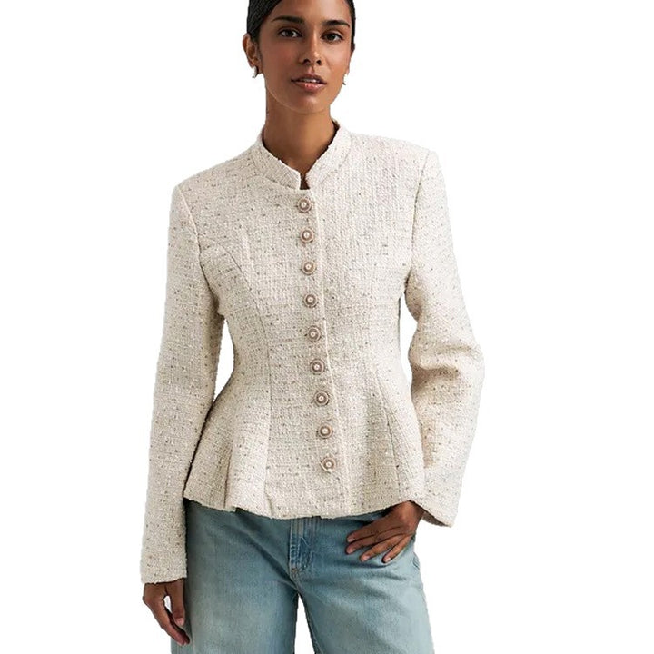 Damen Bouclé-Blazer mit Stehkragen und taillierter Schößchen-Silhouette Echoarchiv