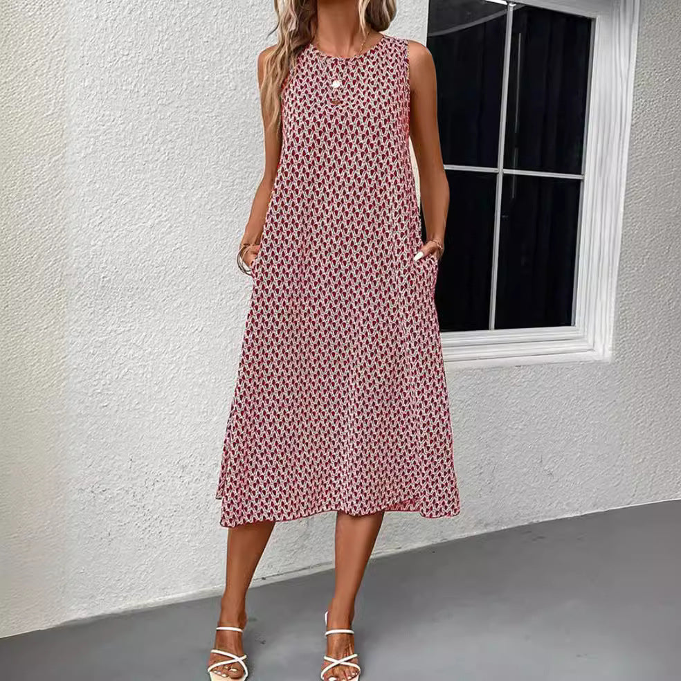 Damen nan ärmelloses A-Linien-Midikleid mit Rundhalsausschnitt, seitlichem Beinschlitz und feinem Geometrie-Print Echo Archiv
