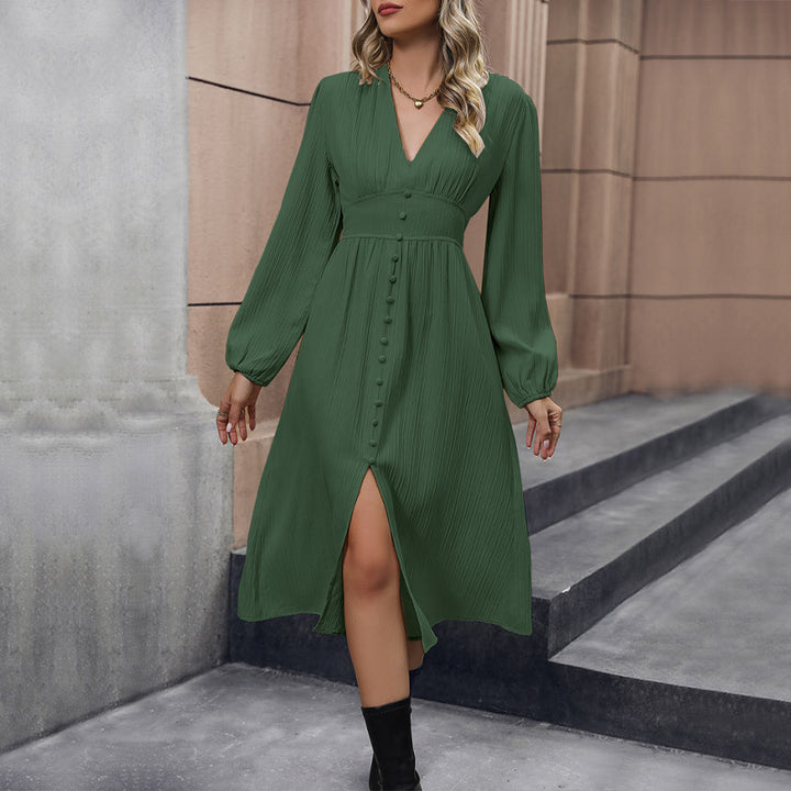 Damen Midikleid mit V-Ausschnitt, plissierter Crinkle-Optik, taillierter Passe & mittiger Knopfleiste Echoarchiv