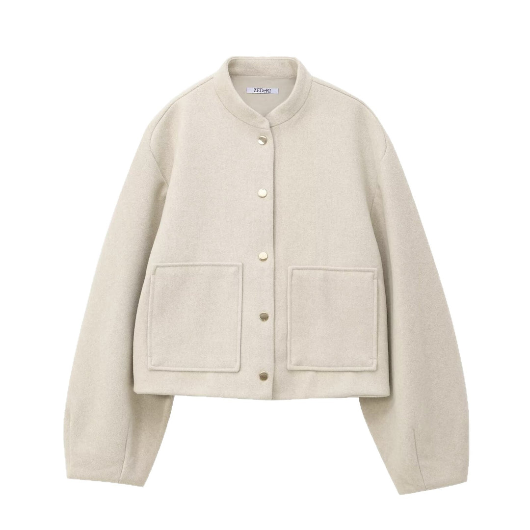 Damen Cropped Wollmix‑Jacke im Boxy‑Schnitt mit Stehkragen und aufgesetzten Taschen Echoarchiv