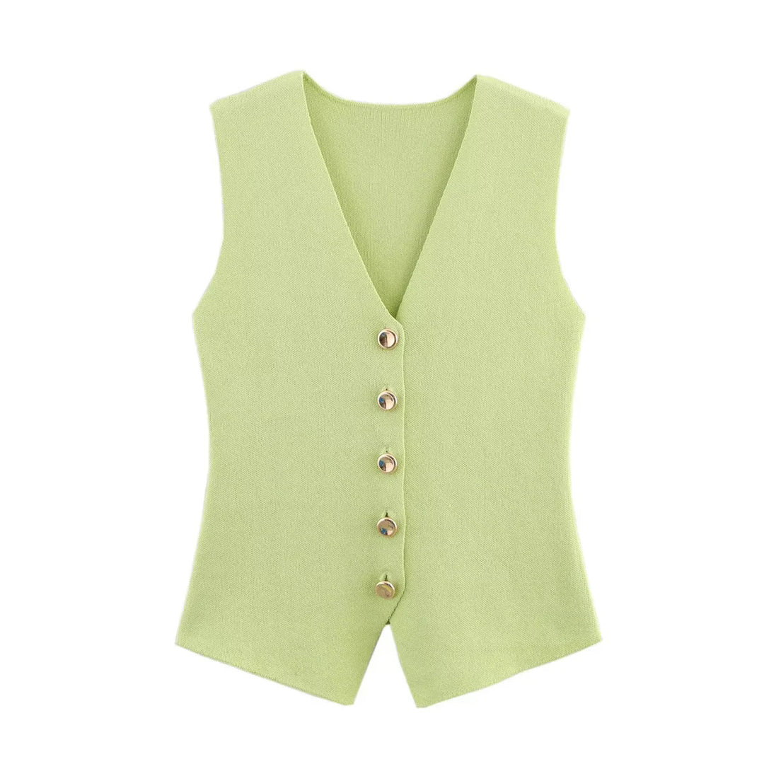 Damen taillierte Strickweste mit tiefem V-Ausschnitt und Zierknopfleiste – Veloura