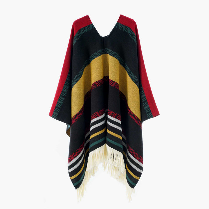 Damen Oversize Poncho-Cape mit V-Ausschnitt und Fransensaum – Avérine