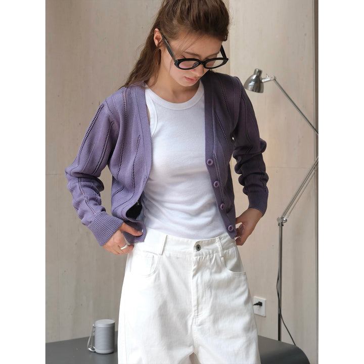 Damen Leichter Ajourstrick-Cardigan mit V-Ausschnitt und tailliertem Rippbund Echoarchiv