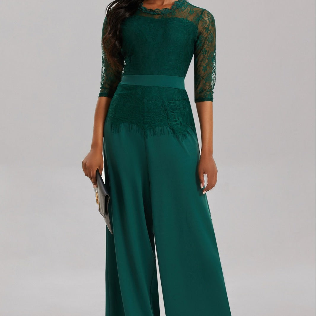 Eleganter Damen Jumpsuit mit Spitzenärmeln und Weitem Bein – Solévia