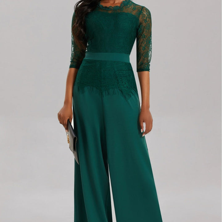 Eleganter Damen Jumpsuit mit Spitzenärmeln und Weitem Bein – Solévia