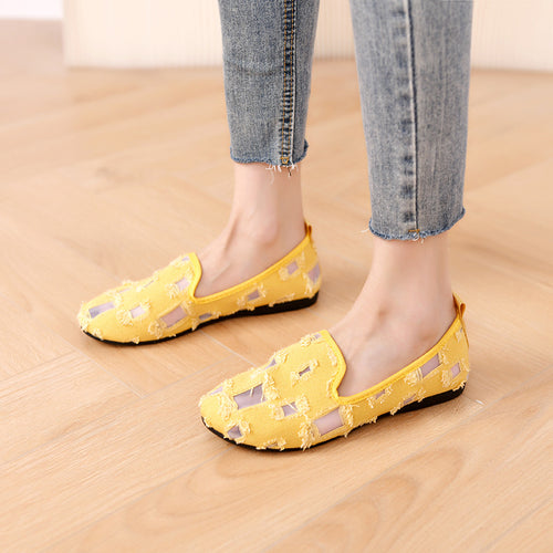 Damen nan lässiger Slipper mit Netz-Einsätzen und ausgefransten Jeansdetails Echo Archiv