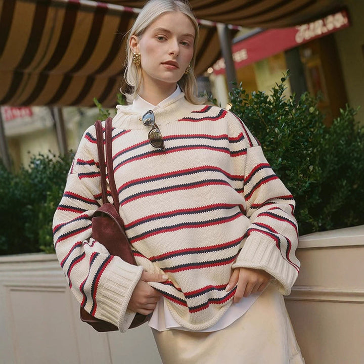 Damen Oversize gestreifter Baumwollmix-Pullover mit weitem Schnitt und Rippbündchen Echoarchiv