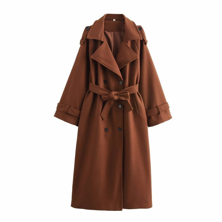Damen langer doppeltreihiger Wollmix-Trenchcoat mit Gürtel und breitem Revers Echo Archiv