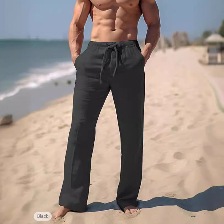 Herren weite Resort-Freizeithose im Palazzo-Stil aus Leinenmix mit Tunnelzug und seitlichen Eingrifftaschen – Sorevano