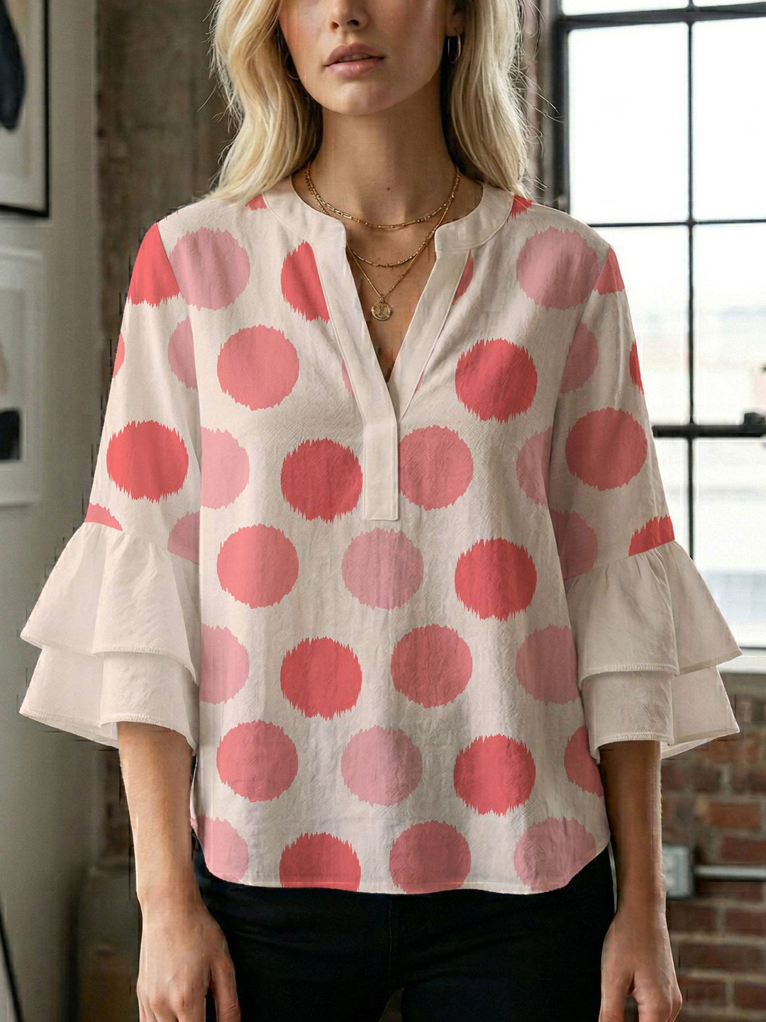 Damen Blusenshirt mit voluminösen Ärmeln und kreativem Druckdesign Echo Archiv
