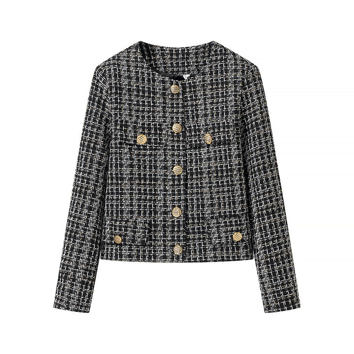 Damen kurze Bouclé‑Tweedjacke mit Rundhalsausschnitt dekorativen Goldknöpfen und aufgesetzten Taschen – Célinea
