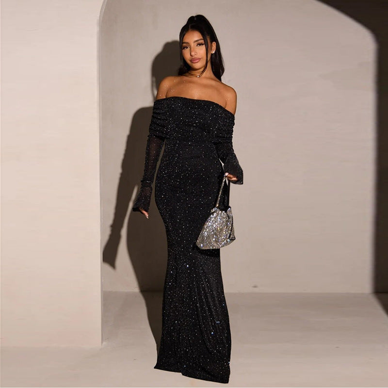 Damen Elegantes schulterfreies Maxikleid mit glitzernden Akzenten Echo Archiv