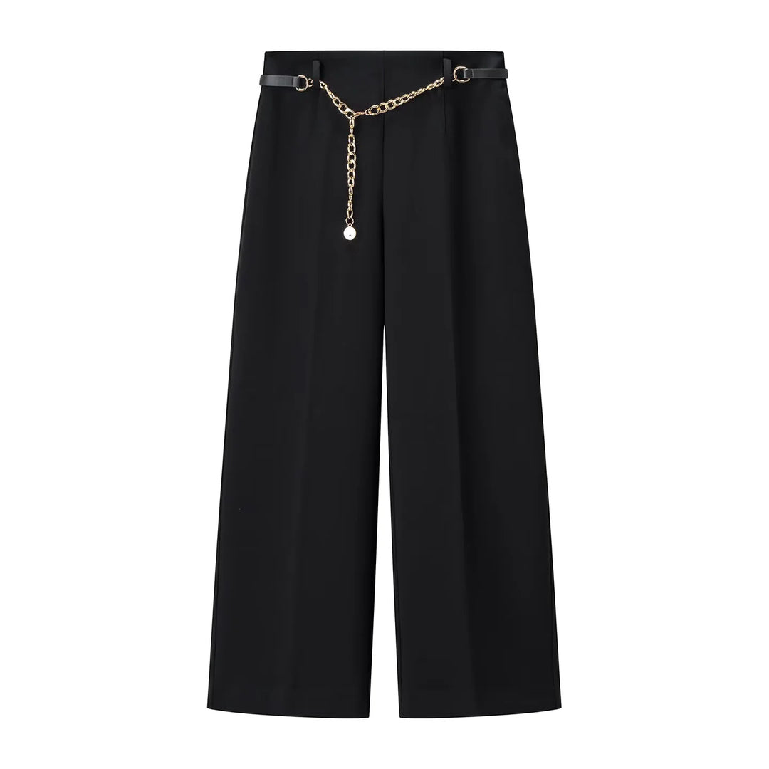 Damen weit geschnittene Highwaist-Hose mit Bügelfalte und abnehmbarem Schmuckketten-Gürtel – Avélisse