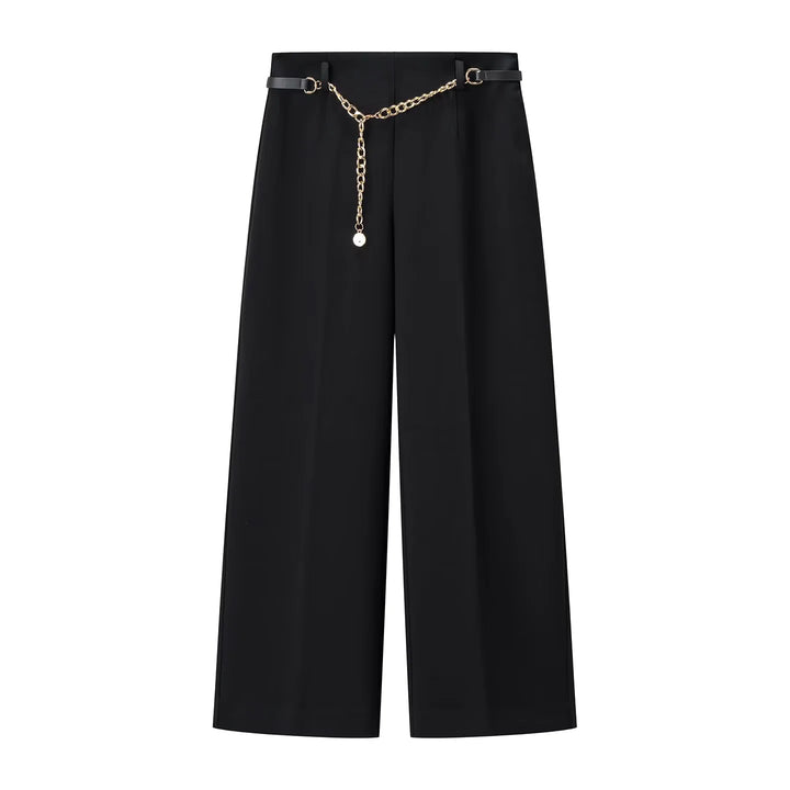 Damen weit geschnittene Highwaist-Hose mit Bügelfalte und abnehmbarem Schmuckketten-Gürtel – Avélisse