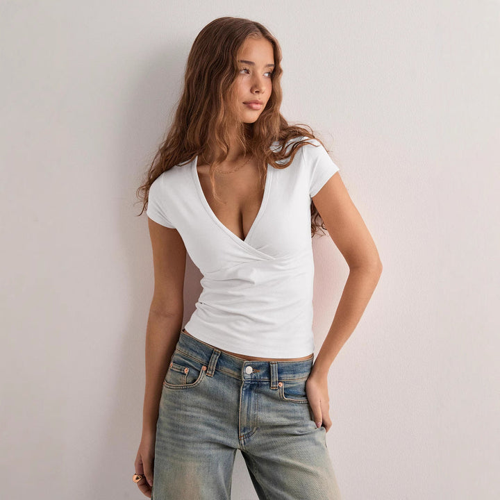 Damen figurbetontes T-Shirt mit elegantem V-Ausschnitt Echoarchiv