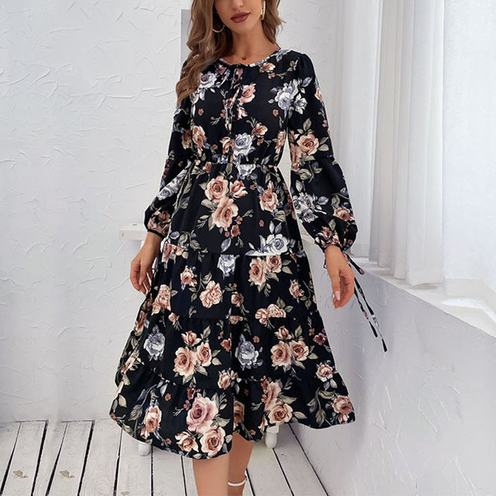 Damen Blumiges Stufen-Midikleid mit Taillenschnürung und Ballonärmeln – Élara