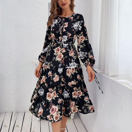 Damen Blumiges Stufen-Midikleid mit Taillenschnürung und Ballonärmeln – Élara