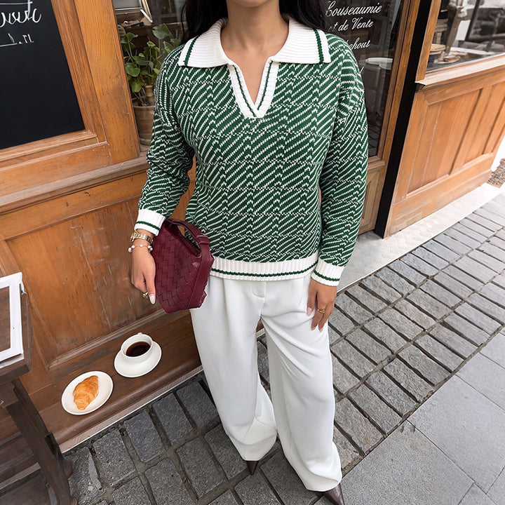 Damen Polokragen-Strickpullover mit V-Ausschnitt und Strukturmuster – Mavelle