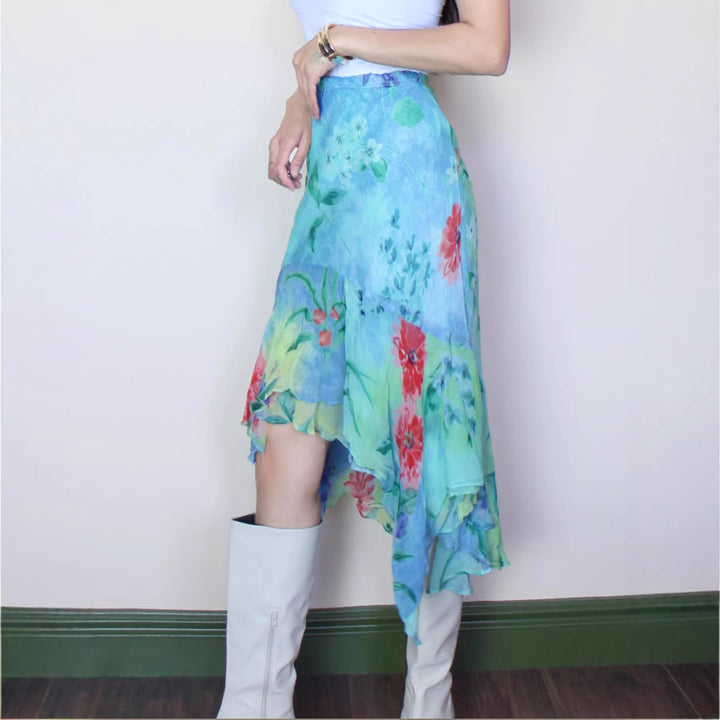 Damen asymmetrischer Rüschenrock aus floralem Chiffon Echo Archiv
