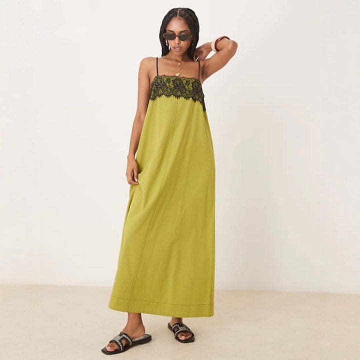 Damen nan nachtwäscheinspiriertes Maxikleid mit Spitzenbustier und schmalen Spaghettiträgern Echo Archiv