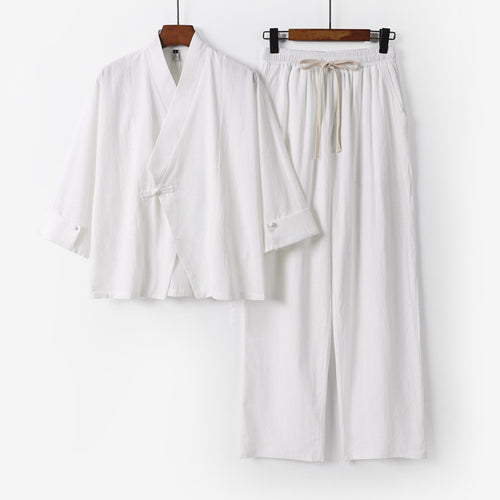 Unisex Leichtes Zen-Lounge-Set im Kimono-Stil mit überschnittener Schulter verdeckter Knotenleiste und elastischer Tunnelzughose Echoarchiv