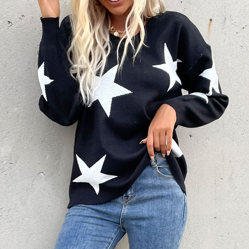 Damen Oversize V‑Ausschnitt Strickpullover mit großem Sternen‑Jacquard Echoarchiv