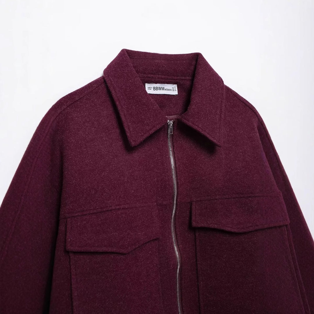 Damen kastige Kurzjacke mit durchgehendem Reißverschluss, aufgesetzten Klappentaschen und Hemdkragen – Célinea