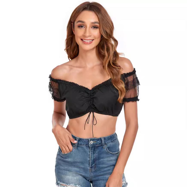 Damen  Dirndlbluse Carmen Ausschnitt mit Spitzenärmeln und Bindeband Echo Archiv