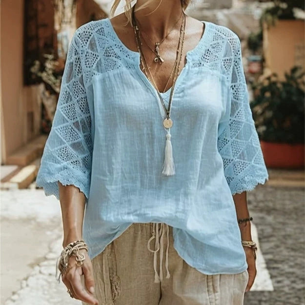 Damen nan locker fallende Tunika-Bluse im Boho-Stil mit gehäkelten Schulter- und Ärmeldetails Echo Archiv
