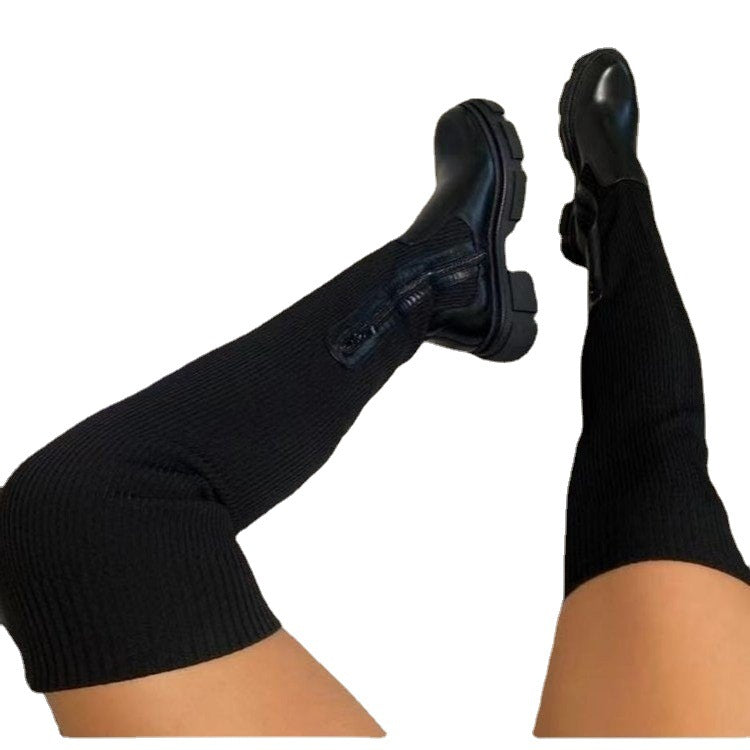 Damen Overknee-Stiefel mit elastischem Rippstrickschaft und grober Profilsohle Echoarchiv