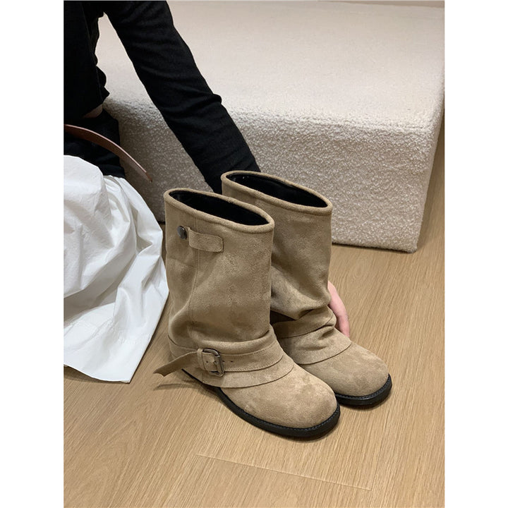 Damen Slouchy Bikerstiefeletten mit verstellbarem Schnallenriemen und runder Zehenform – Varelle