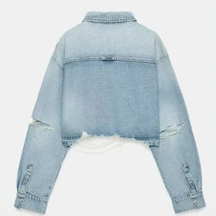 Damen Cropped Jeansjacke im Boxy‑Cut mit fransigem Saum und aufgesetzter Brusttasche Echo Archiv