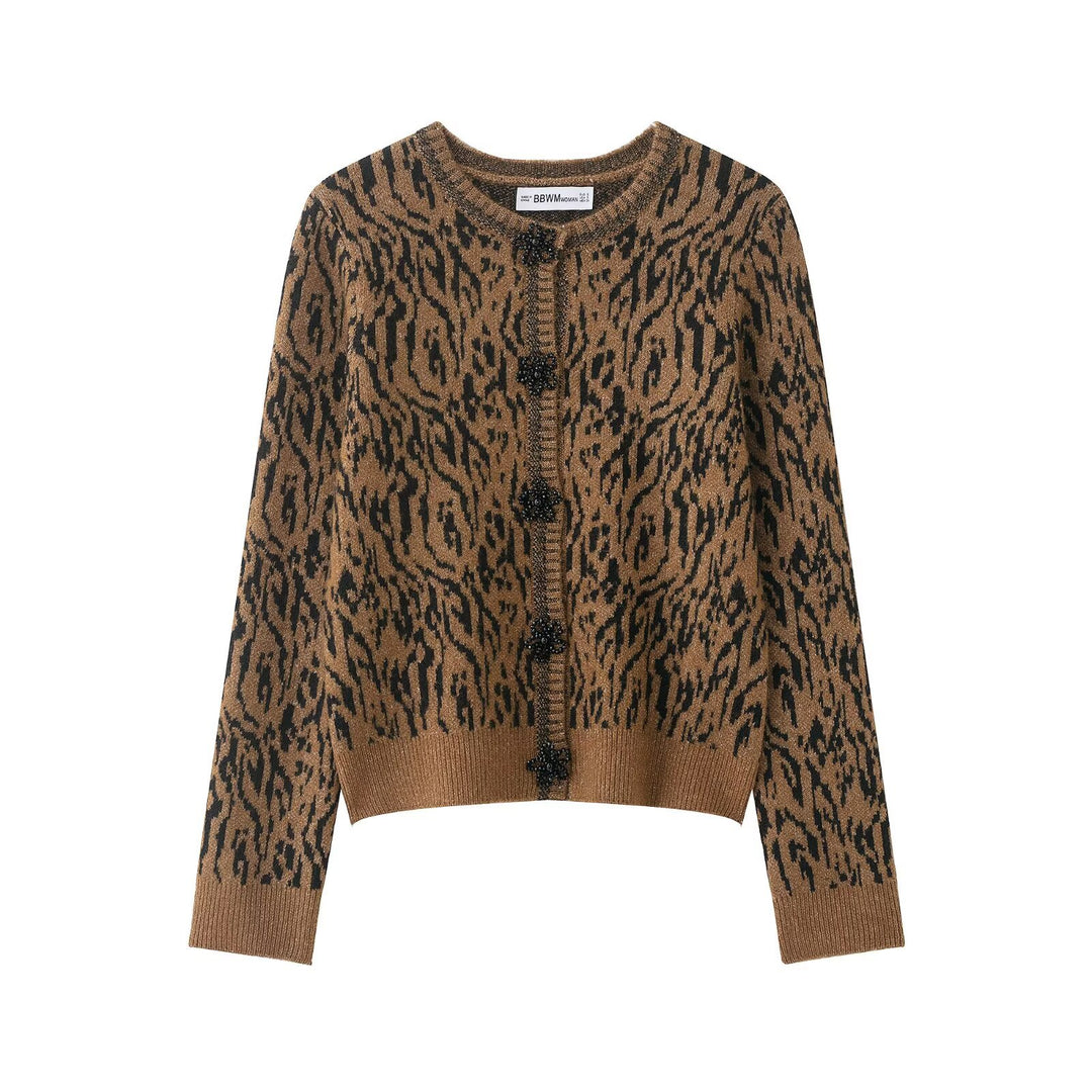 Damen Strickcardigan mit Leopardenjacquard, perlenverzierten Zierknöpfen und kurzem Saum Echo Archiv