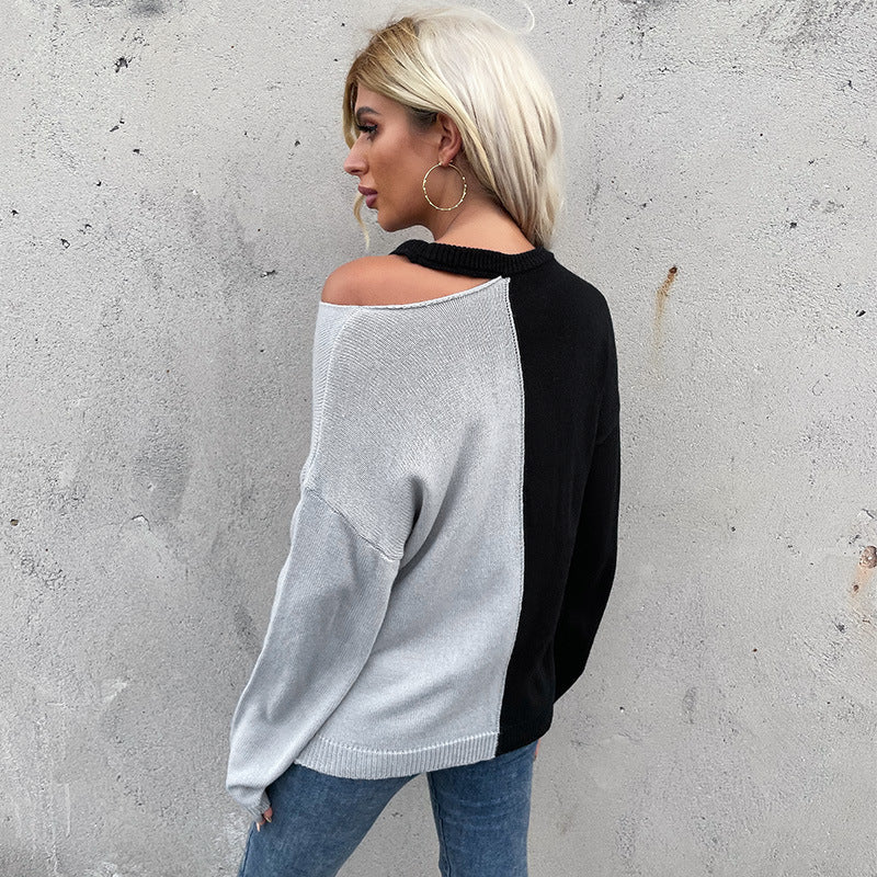 Damen Asymmetrischer Colorblock-Pullover mit Cut-Out-Schulter und Oversize-Feinstrick Echoarchiv