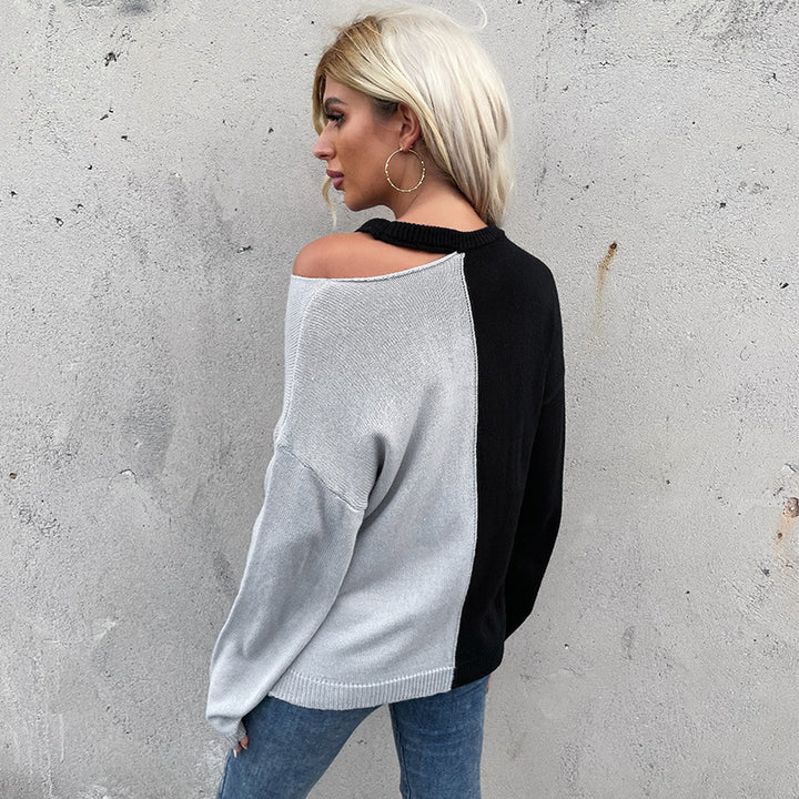 Damen Asymmetrischer Colorblock-Pullover mit Cut-Out-Schulter und Oversize-Feinstrick Echoarchiv