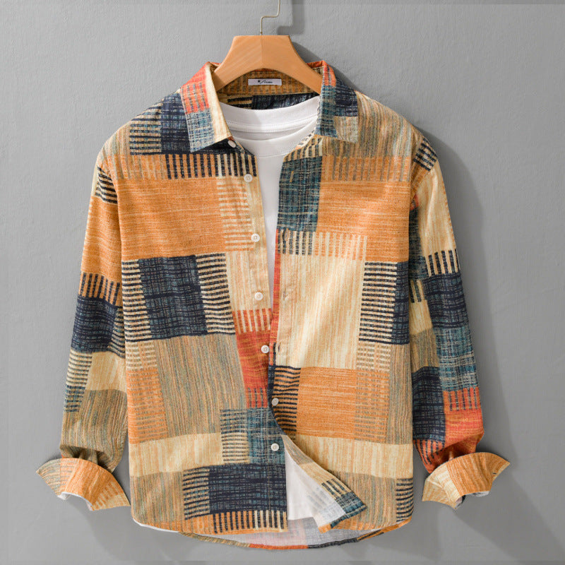 Herren Gemustertes Langarm-Hemd im Patchwork-Look aus leichtem Baumwollmix Relaxed Fit Echoarchiv