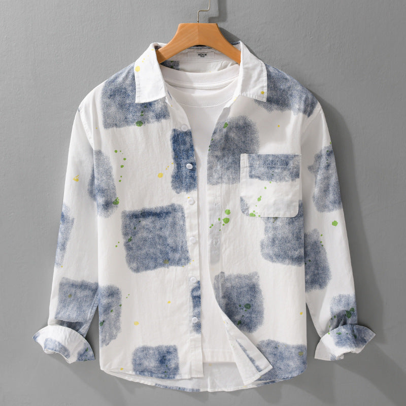 Herren Leichtes Baumwollhemd Relaxed‑Fit mit künstlerischem Sprenkel‑ und Aquarellpatch-Print Echoarchiv