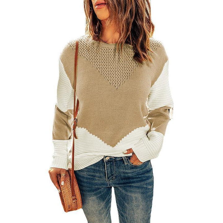Damen Farbblock-Strickpullover mit strukturiertem Yoke und gerippten Ärmeln Echoarchiv