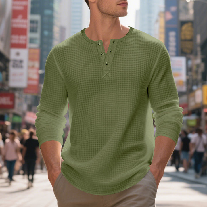 Herren nan thermoregulierendes Waffel-Thermalshirt mit Kurzknopfleiste und gerundetem Saum Echo Archiv