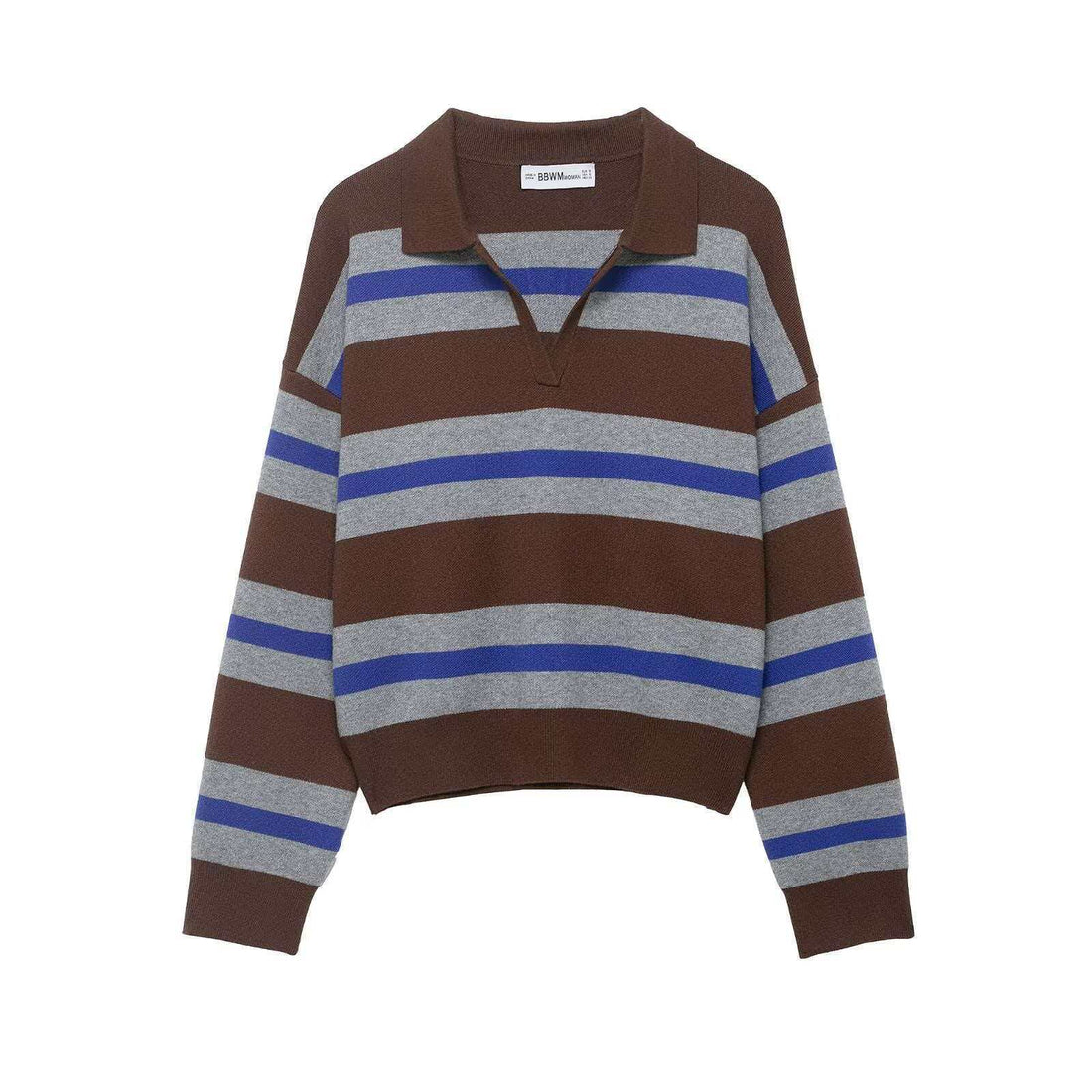 Damen gestreifter Rugby-Strickpullover mit Polokragen und weiter Oversize-Passform – Mavelle