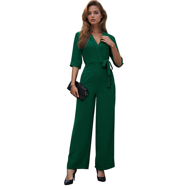 Damen Eleganter V‑Ausschnitt Jumpsuit mit Taillenband und Palazzo‑Bein Echoarchiv